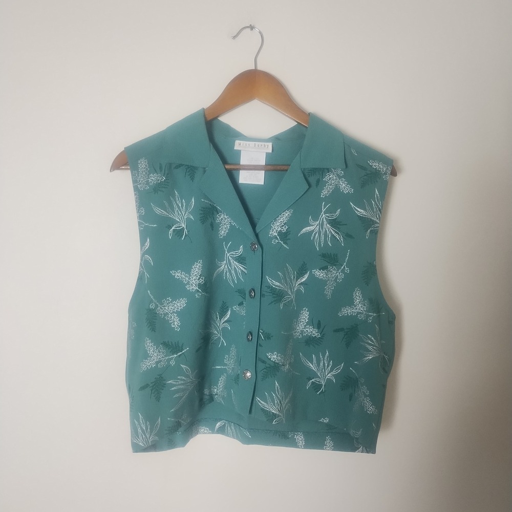 Miss Dorby Cropped Botanical Vest Top Womens 14 Teal Button Front Vintage 90s